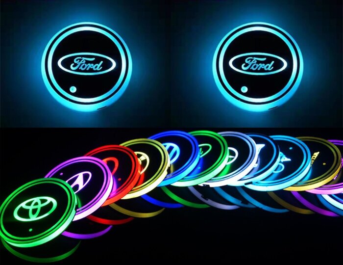 Светодиодная подсветка в автомобильные подстаканники с логотипом марки автомобиля FORD комплект 2 шт.