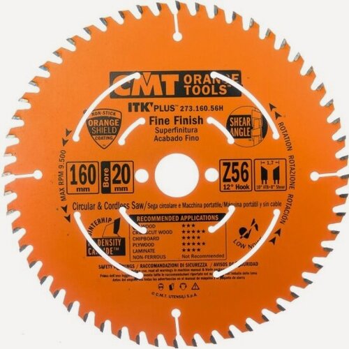Изображение товара Пильный диск по дереву Cmt 273.160.56H, 160X20(+16)X1,7/1,1 12° 10° ATB + 8° SHEAR Z=56