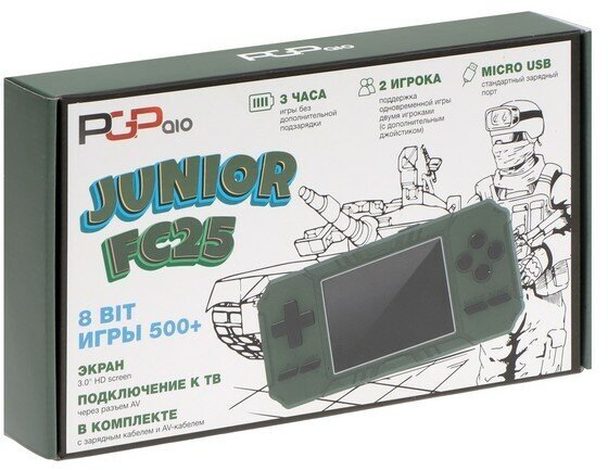 Игровая приставка PGP AIO Junior FC25b, экран 3", AV кабель, 500 игр, зелёная