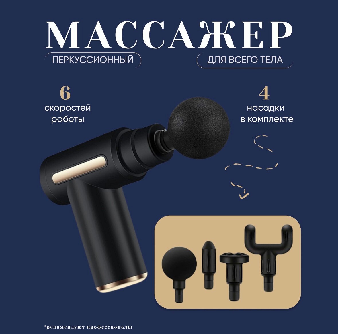 Перкуссионный массажер для тела электрический/ 4 насадки/ 6 режимов/для тела, шеи, спины/ Black