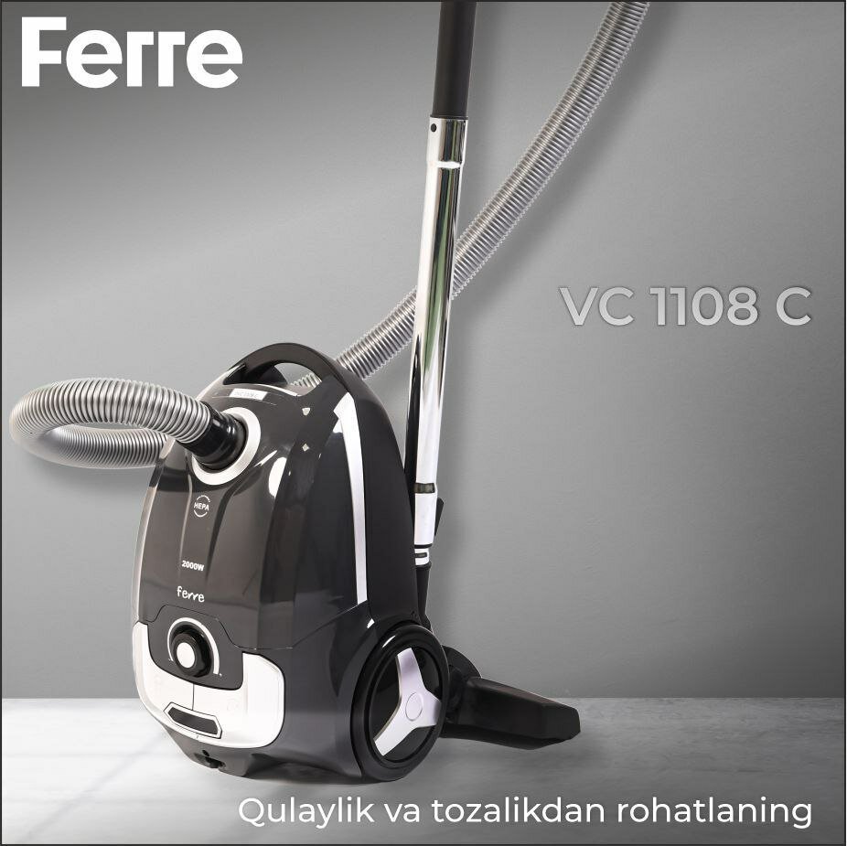 Пылесос Ferre VC-1108 C черный, 2000 Вт, 4 л, HEPA-фильтр, управление на корпусе, шланг 360°, 3 насадки