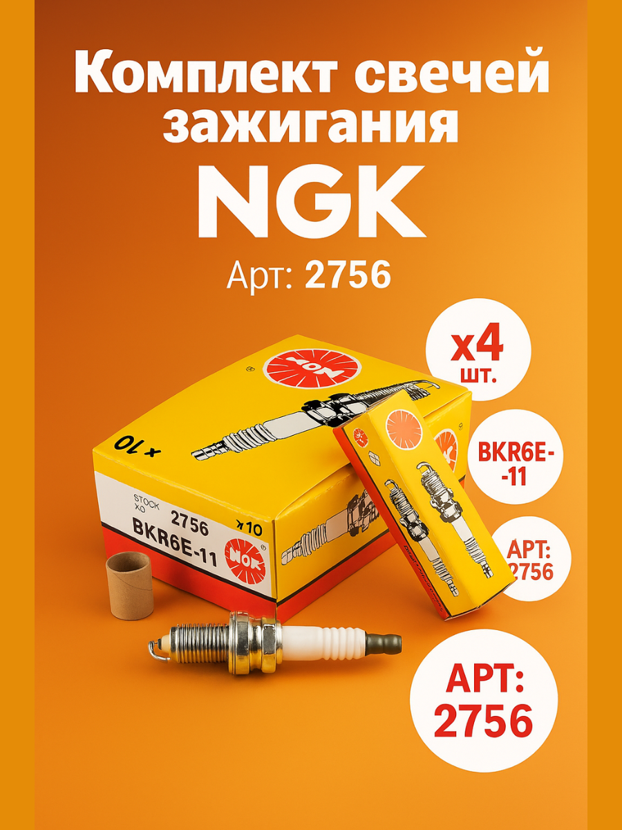 Комплект свеча зажигания NGK BKR6E-11(2756) (4штук) для (8кл/16кл)-Шевроле Авео Лачети