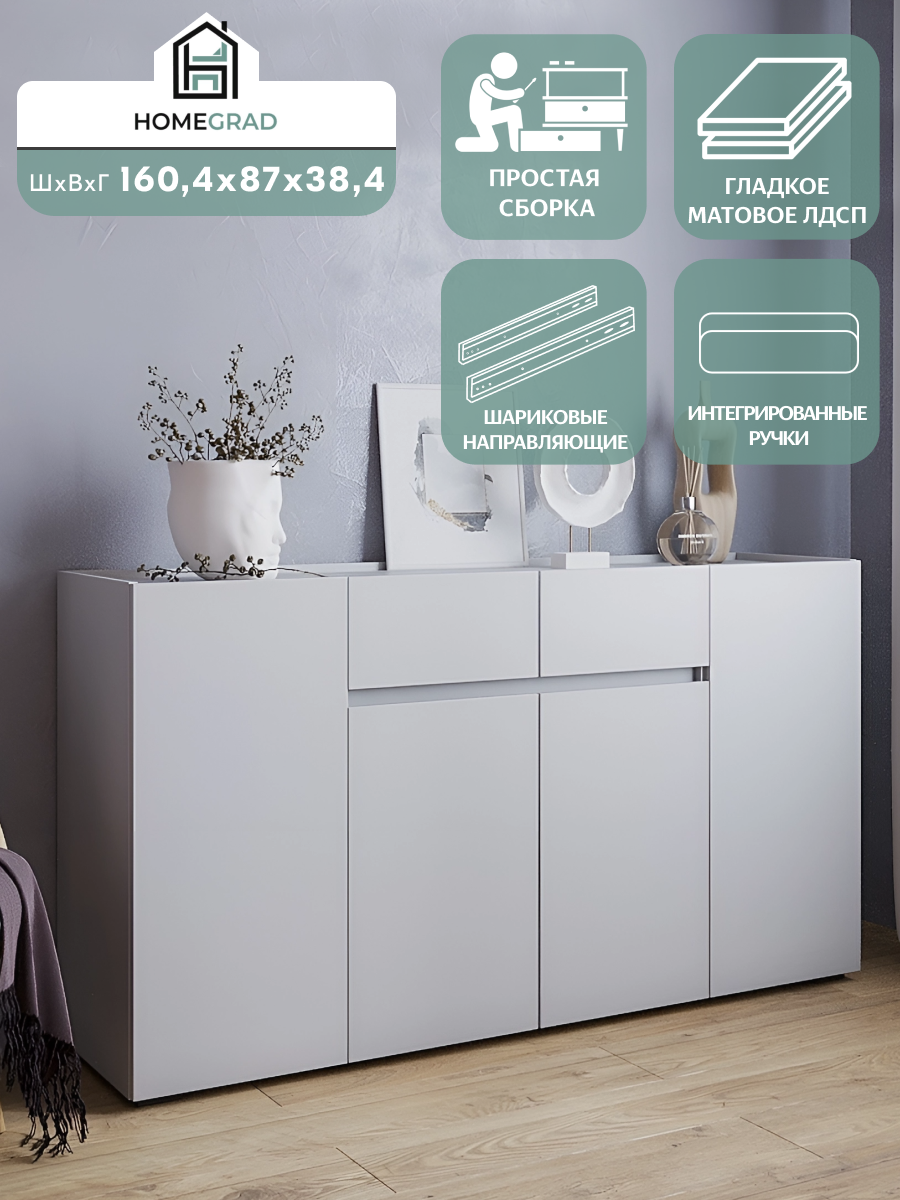 Комод HOMEGRAD Mika, белый, 160,4х38,4х87 см, шариковые направляющие