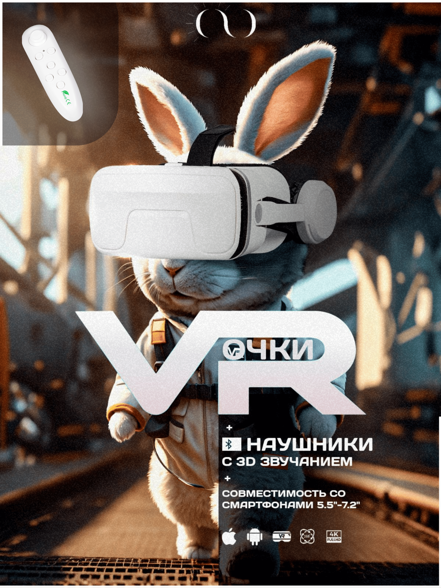 Очки виртуальной реальности GOKOTTA для смартфона с наушниками, шлем виртуальной реальности, с пультом, белый