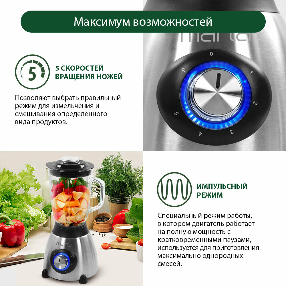 Блендер MARTA MT-1595, стационарный, 2400Вт, 1.5л, стекло, черный — фото 1