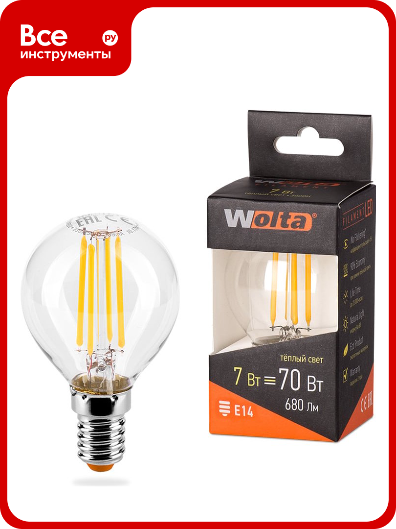 Лампа LED Wolta FILAMENT 3000К 25Y45GLFT7E14