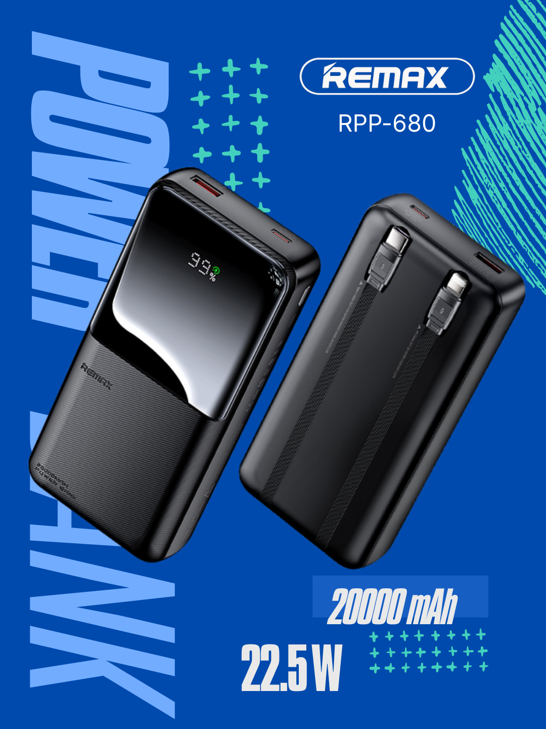 Внешний аккумулятор REMAX RPP-680 Power Bank 22.5W быстрая зарядка, 20000 mA/h, встроенный Type-C и Lightning кабель