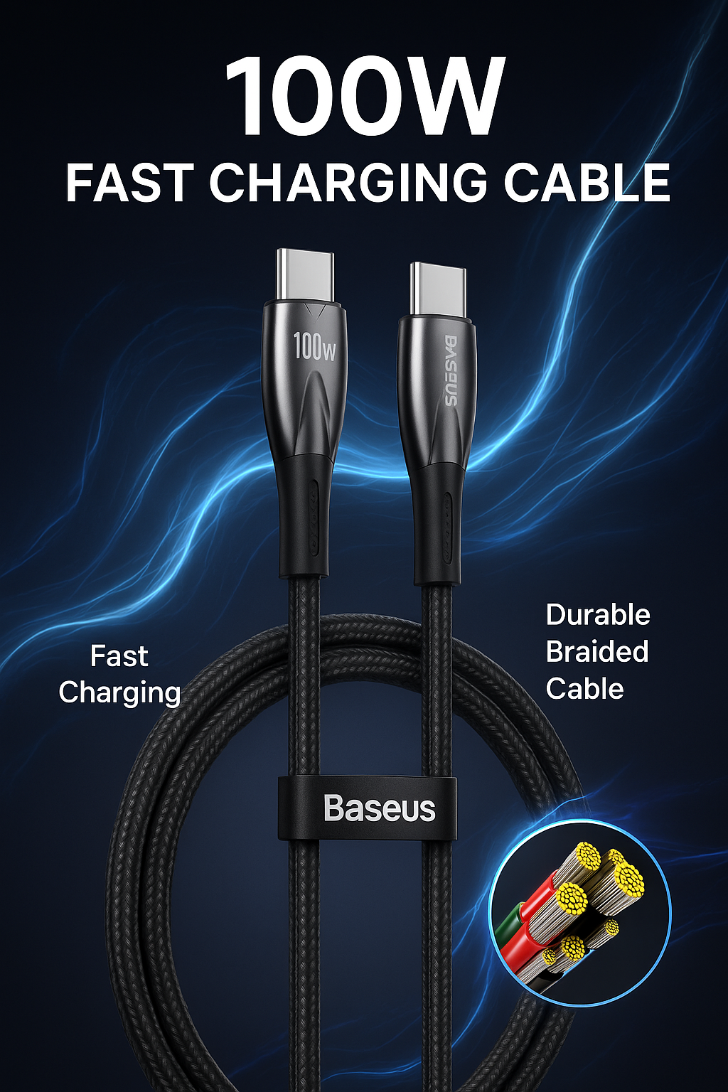 USB кабель BASEUS CADH000701 100W Glimmer, USB-C на USB-C, быстрая зарядка, 1м