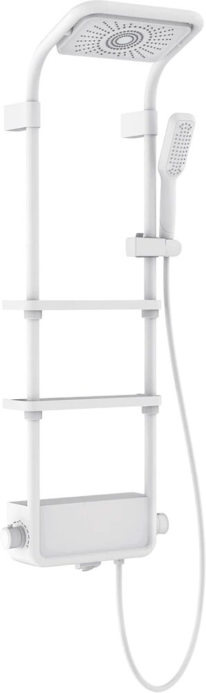 Душевая стойка AQUAme AQM8003W с тропическим душем со смесителем с изливом латунная белая с лейкой матовая