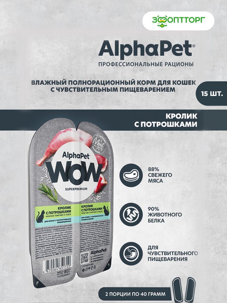 Влажный корм AlphaPet WOW пауч для кошек с чувствительным пищеварением (ломтики в соусе) Кролик и потрошки, 80 г х 15 шт