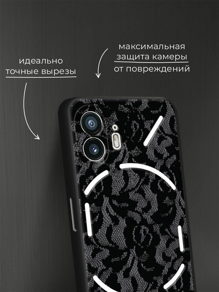 Черный матовый чехол на Nothing Phone 2 / Нафинг Фон 2 с принтом Черные кружева цветов — фото 1