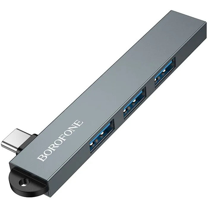 Разветвитель USB-C Borofone FH1A Metal Grey OTG хаб - концентратор 1 порт USB3.0, 3 порта USB2.0 - металлик