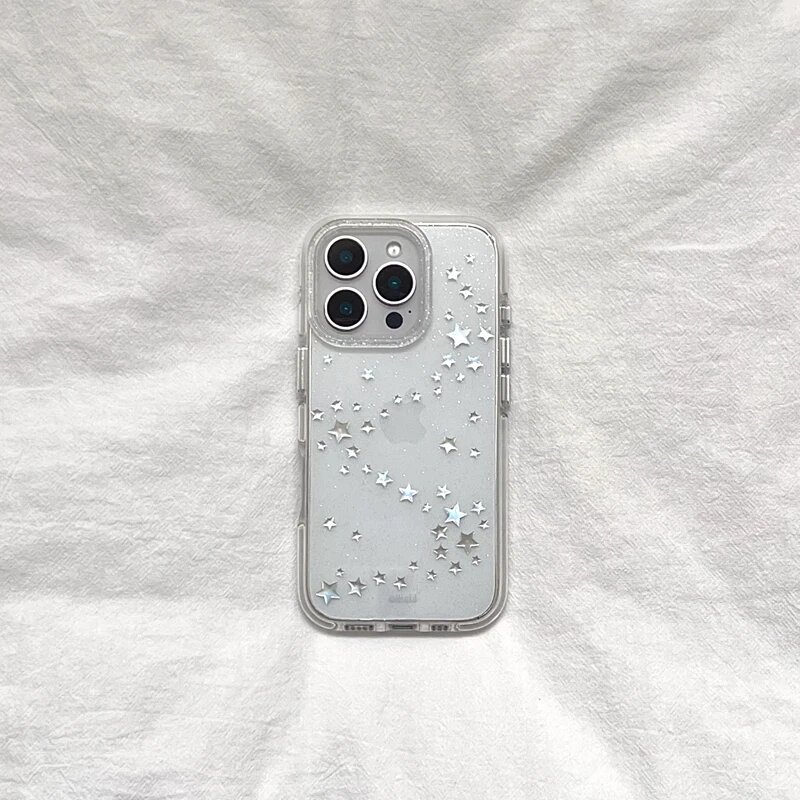 Чехол для телефона Ins Clear Glitter Silver Star для iPhone 17 Air 16 E 15 Айфон 16 Про Макс, Белый