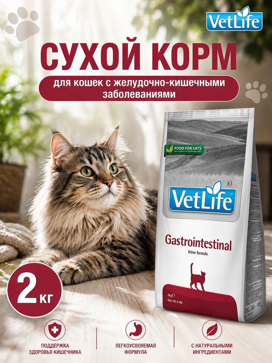 Сухой корм для кошек диетический Farmina Vet Life feline Gastrointestinal 2кг при нарушении пищеварения
