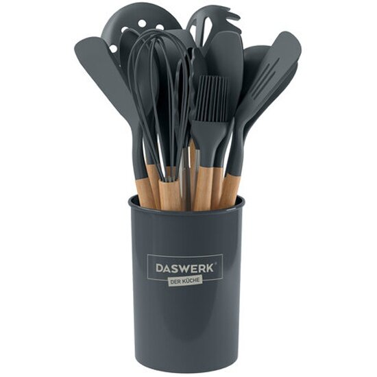 Набор силиконовых кухонных принадлежностей с деревянными ручками 12 в 1, серый, DASWERK, 608194