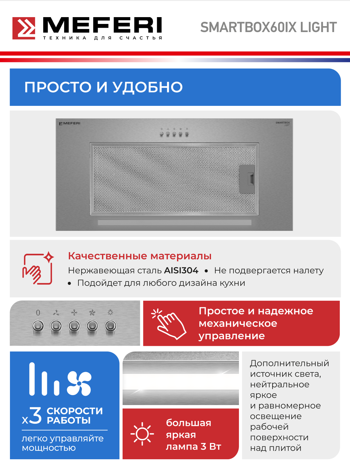 Вытяжка кухонная MEFERI SMARTBOX60IX LIGHT на 60 см встраиваемая, серая, производительность 650 м3/ч, 3 скорости — фото 1