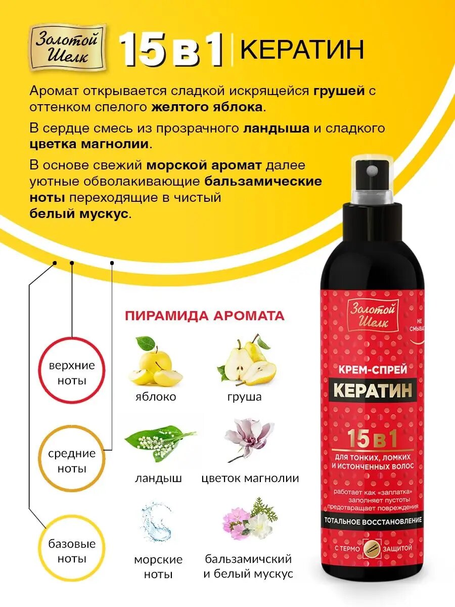 Изображение Золотой шелк Крем-спрей 15 в 1 «КЕРАТИН» для всех типов волос, 300 мл