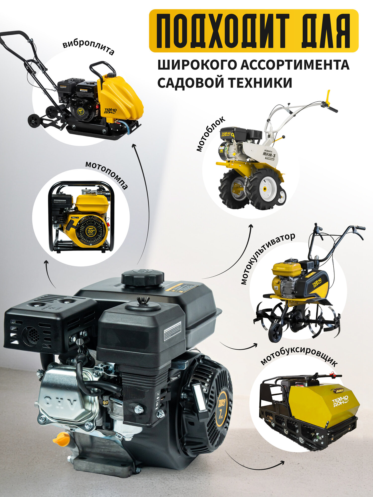 Двигатель бензиновый для мотоблока ТехнодонЮГ 7 л. с, 4-тактный, одноцилиндровый, с воздушным охлаждением, вал 20 мм — фото 1