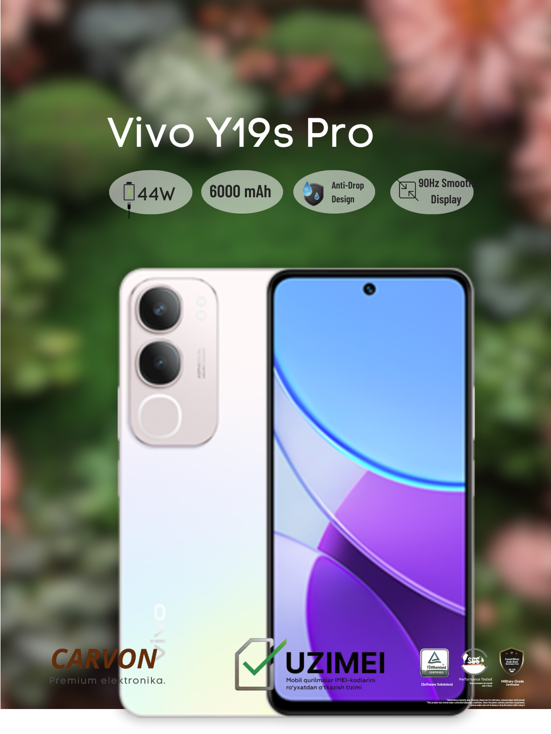 Smarfon Vivo Y 19 S Pro 6/256 gb, IP64, IPS LCD, 90Hz, 1000 nits, Li-Ion, 6000 mA/soat, белый
