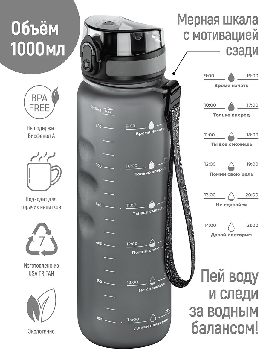 Бутылка для воды спортивная, для холодных и горячих напитков 1000 мл Elan Gallery Style Matte серая, мотивационная