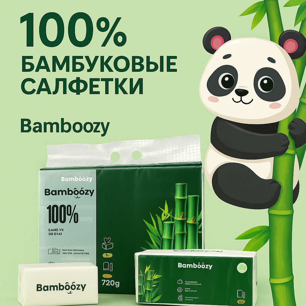 Бумажные салфетки Bamboozy из бамбука, в упаковке 6 пачек, эко-продукт.