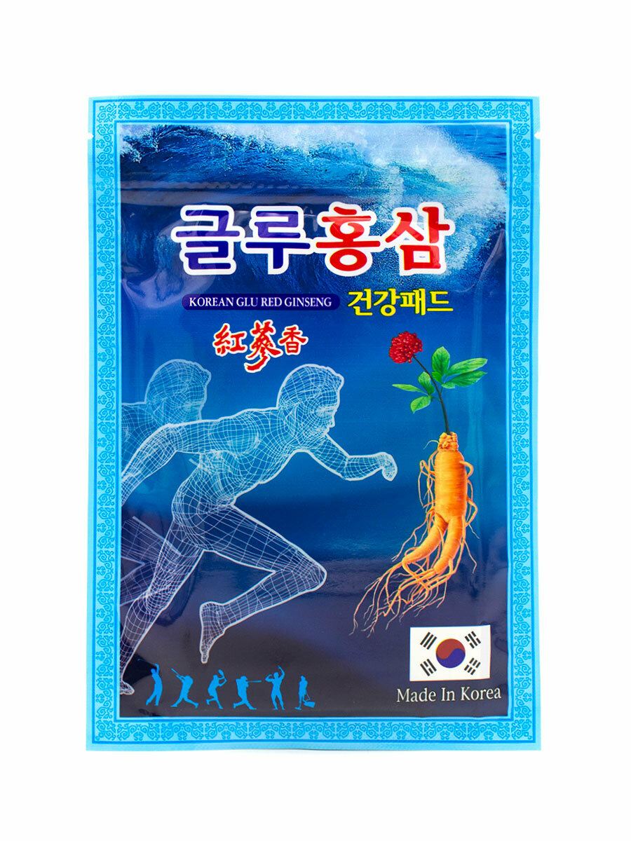 Картинки Korean Glu Пластырь обезболивающий с красным женьшенем и глюкозамином Glu Red Ginseng, 20 шт