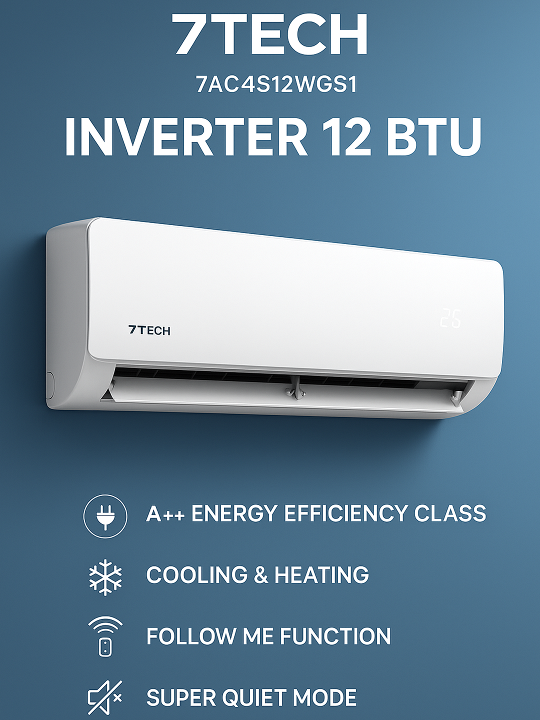 Кондиционер 7TECH, настенный, инверторный, электронный, пульт ДУ, белый — фото 1