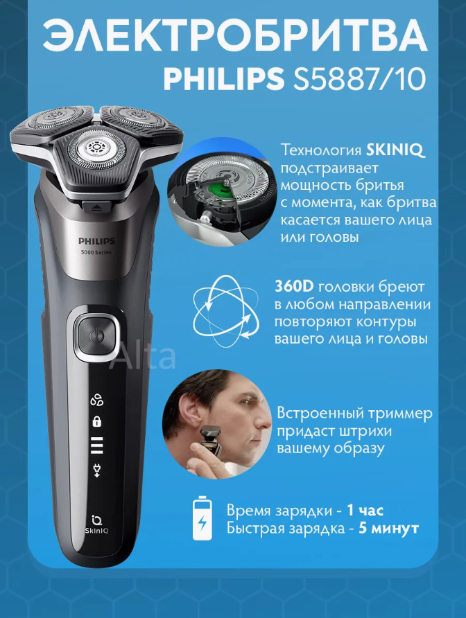 Электробритва роторная Philips S5887, 3 бреющих элемента, плавающая головка
