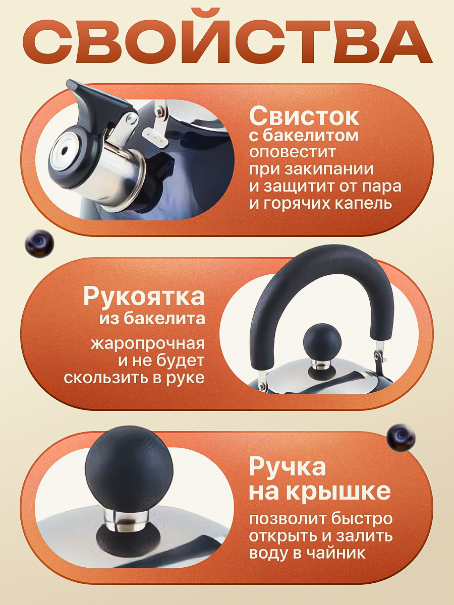 Чайник со свистком 1.5 л PERFECTO LINEA серия Holiday, нержавеющая сталь, цвет синий металлик (52-112016) — фото 1