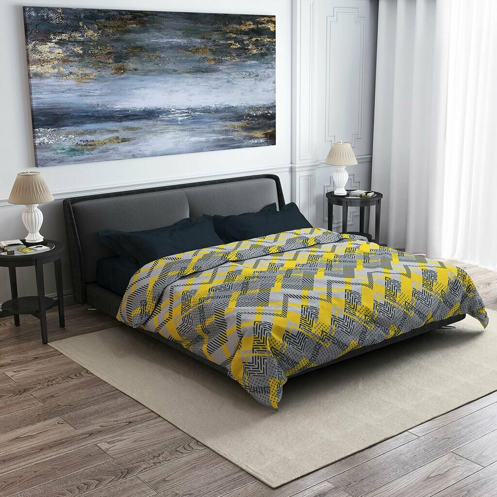 Постельное белье, комплект Евростандарт "Ниагара, желтый/Индиго" 4 предмета, поплин 115г/м2, наволочки 50х70см