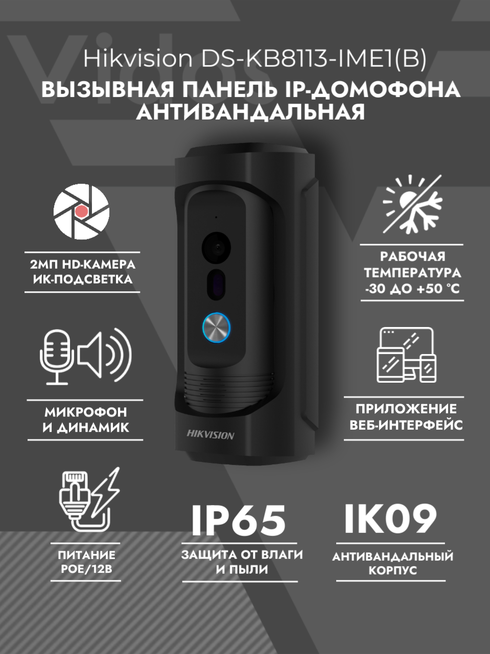 Вызывная панель Hikvision DS-KB8113-IME1 двусторонняя аудио связь ИК подсветка IP65