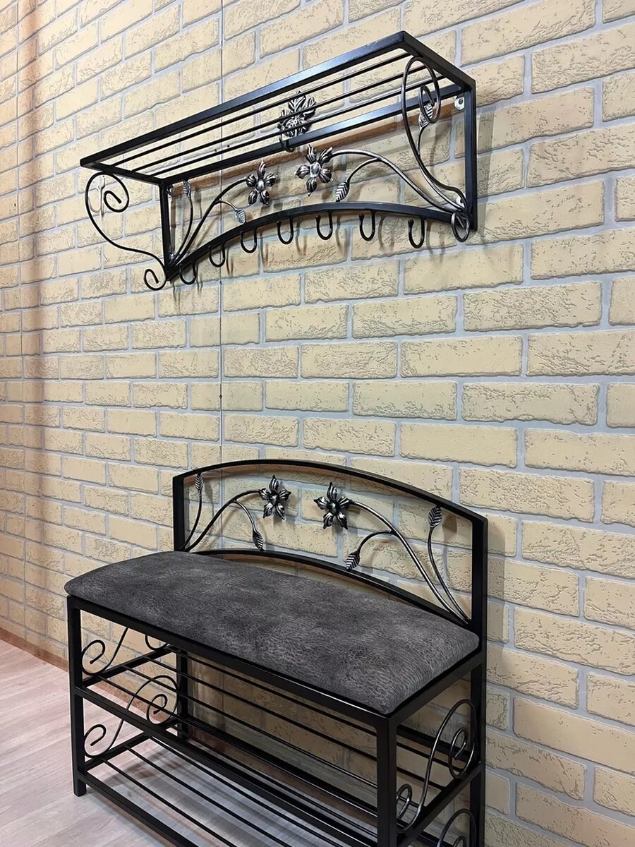 Кованая прихожая, вешалка + банкетка, Студия кованой мебели Нива, цвет теплый серый — фото 1