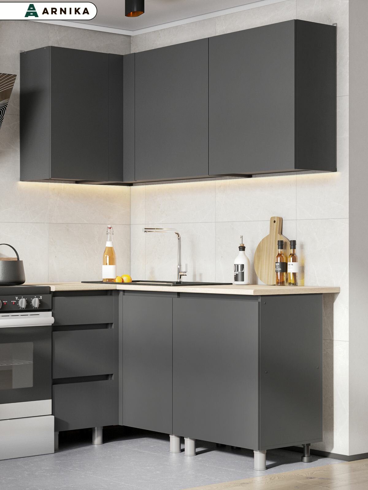 ARNIKA Кухонный гарнитур угловой Довер без столешницы 100х148см графит