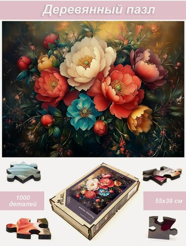 Изображение товара Пазл Алма деревянный 1000 деталей, элементов. Цветы и натюрморты. Роскошь пионов