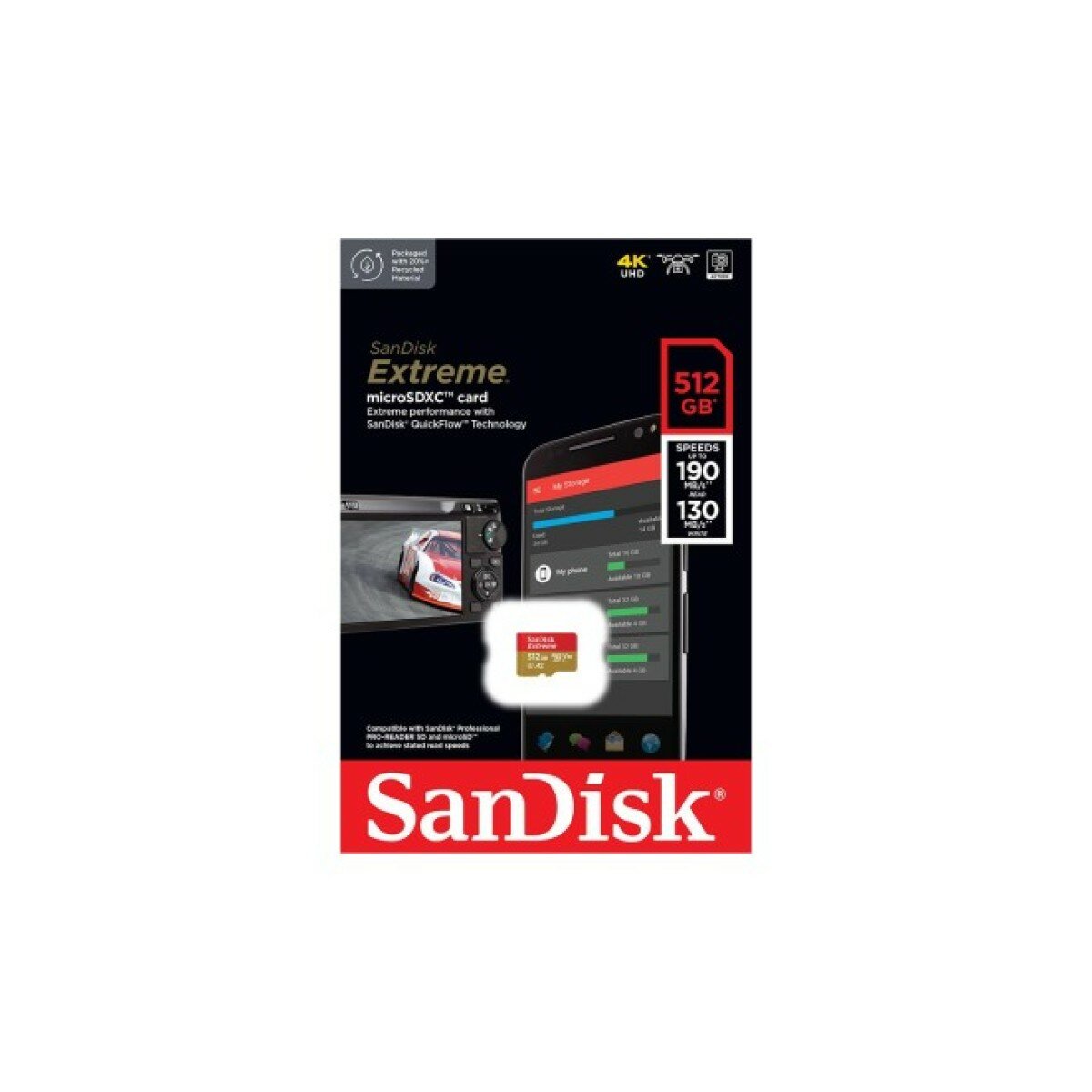 Флешка Micro SD Sandisk Extrem 4K, 512GB, скорость чтения 190MB/s 130