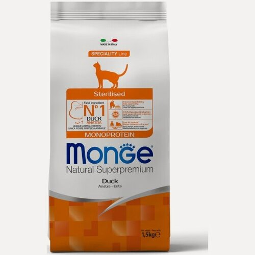 Изображение товара Сухой корм для стерилизованных кошек Monge Monoprotein Sterilised Duck с уткой 1,5 кг