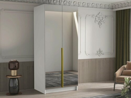 Изображение товара Двухсекционный шкаф Элли с 2 зеркалами (ручки золото) Белый снег 8685 BS NOW 80*45*260 см Фиеста
