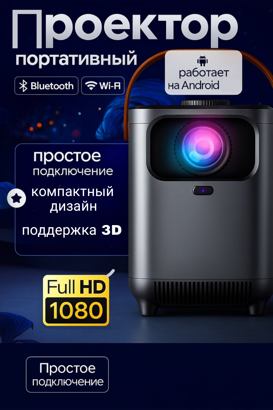 Смарт Проектор Q96 E350 Smart LED Full HD 1080p, Wi-Fi и Bluetooth — для дома и кинотеатра.
