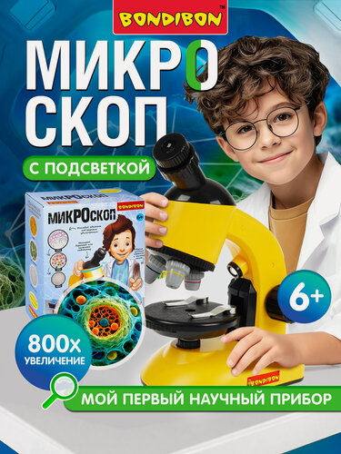 Изображение товара Микроскоп 100Х, 400Х, 800Х для 2D и 3D объектов с поворотным окуляром и подсветкой Французские опыты Науки с Буки Bondibon