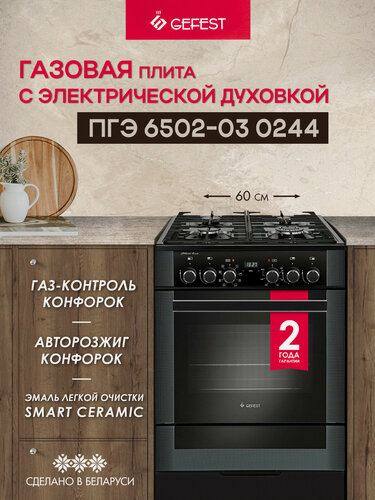 Изображение товара Газовая плита GEFEST ПГЭ 6502-03 0244 с электрической духовкой, с грилем, с конвекцией, объем 55 л, черная