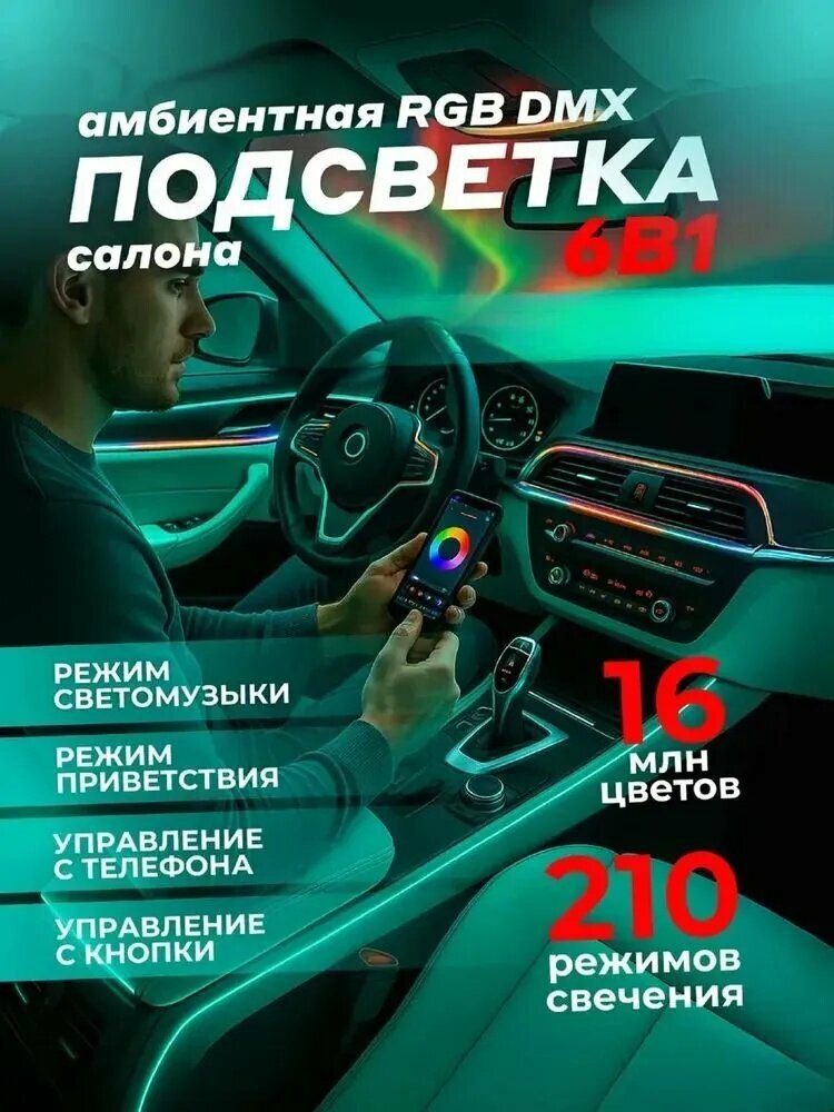 Атмосферная подсветка салона авто RGB DMX 6в1 темные ленты