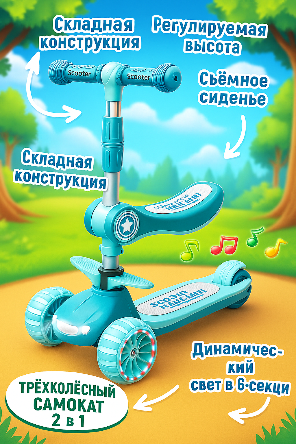 Самокат для детей, с горящими колесами, для мальчиков и девочек самокат трансформер 4 в 1, детский самокат с сиденьем. — фото 1