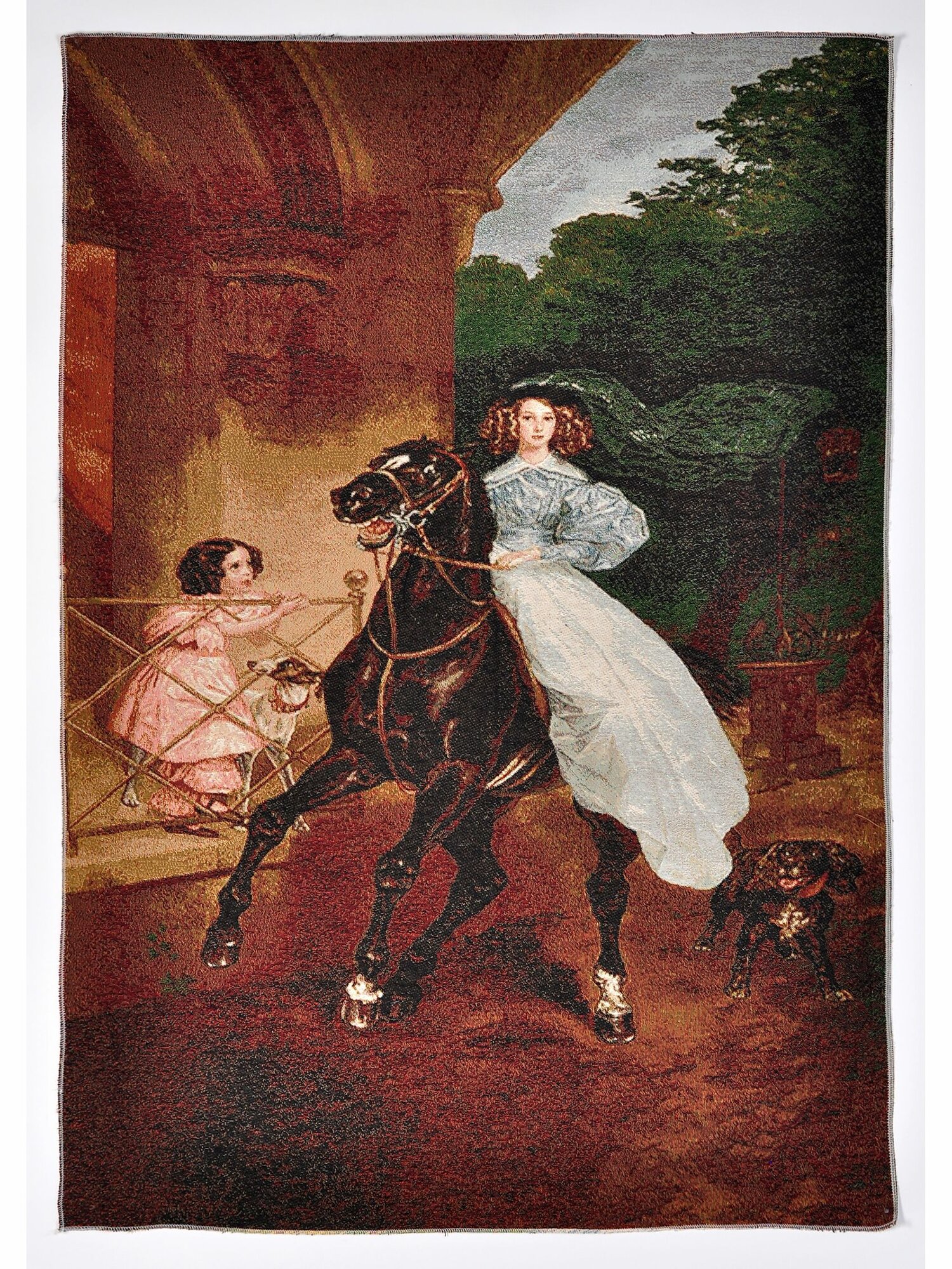 Винтажный гобелен 75х110 см 'Прогулка в усадьбе': дама верхом девочка в розовом собаки на фоне колонн и сада"