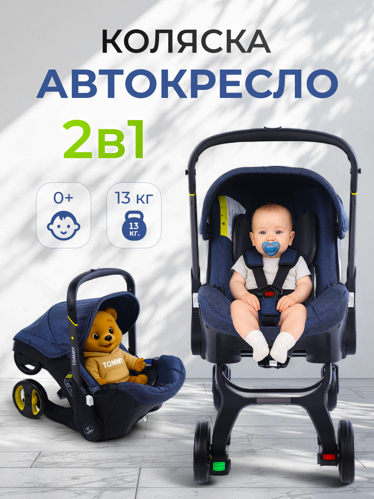 Коляска-автокресло для новорожденных до 13 кг. Tommy Smart синий