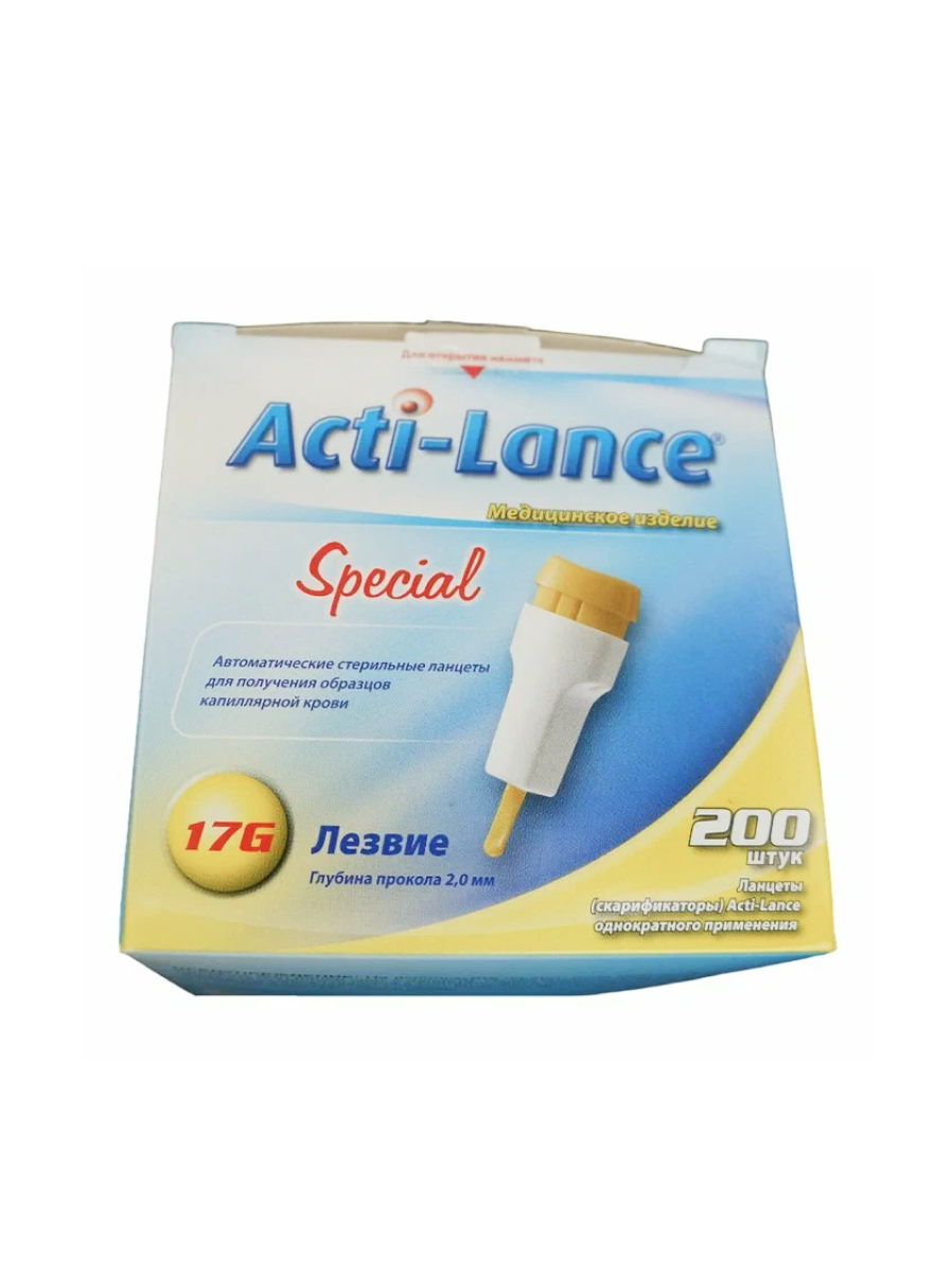 Изображение Ланцеты Acti-lance Special для капиллярного забора крови 100 шт, глубина прокола 2,0 мм, лезвие, желтые