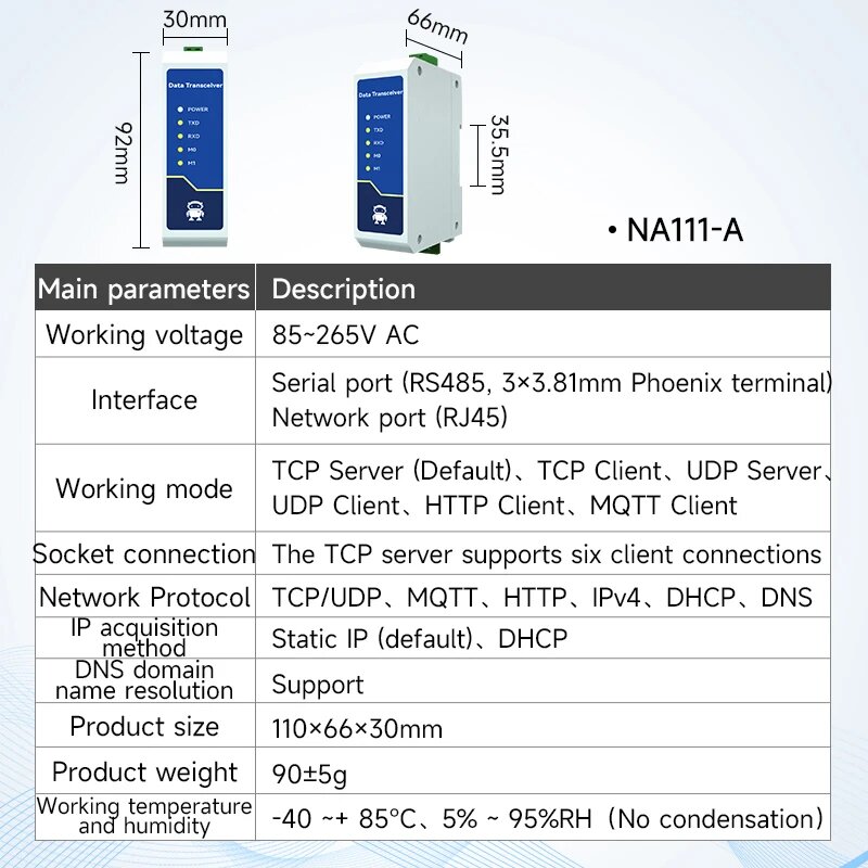 Последовательный сервер RS485 к Ethernet DC/AC/POE TCP/UDP MQTT XHCIOT NA111 Series Modbus Industrial Grade AT Command Малый размер, NA111-A