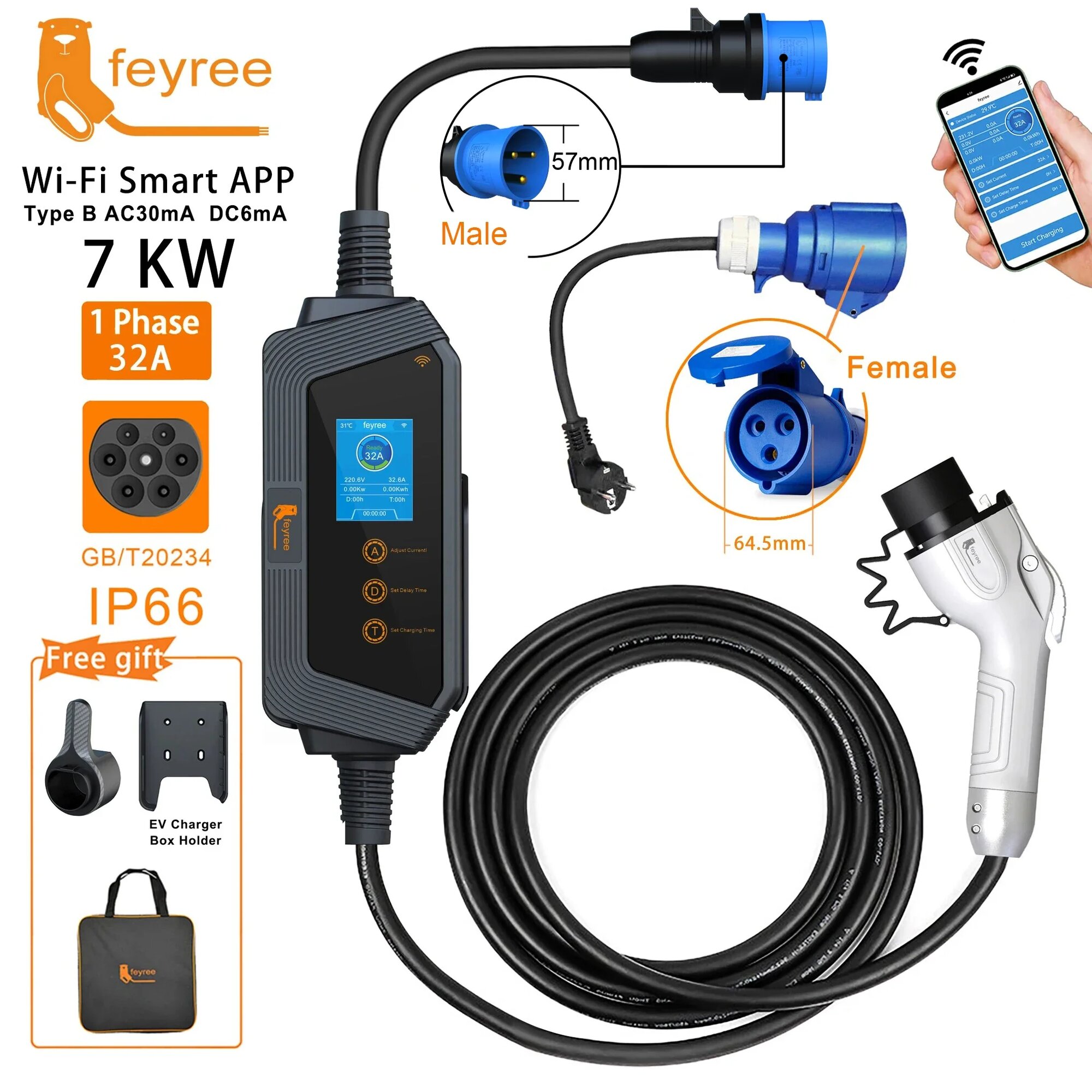 Feyree 7KW 32A Регулируемое зарядное устройство для электромобилей GBT Plug APP Bluetooth Версия Набор времени зарядки EVSE Зарядное устройство для электромобиля, 7KW APP With Adapter
