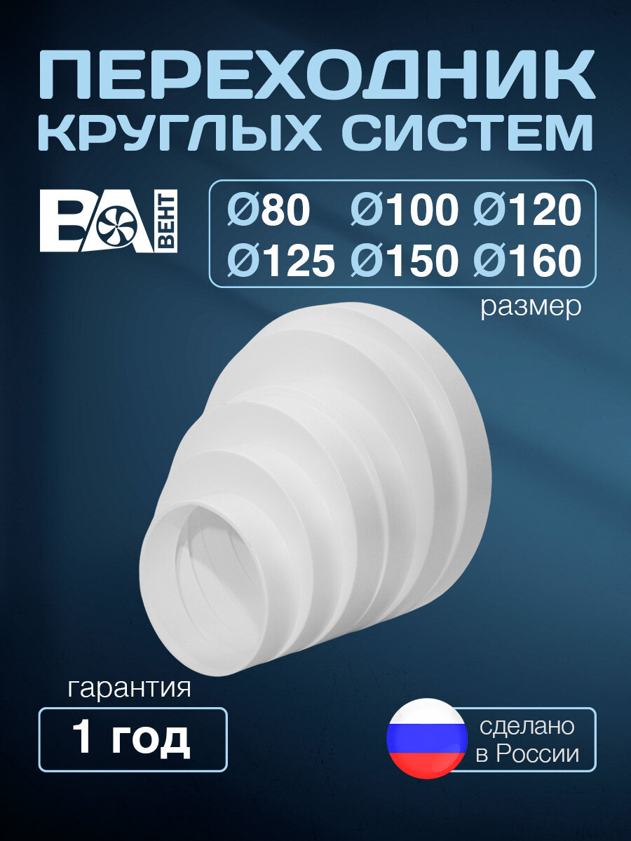 Переходник круглых систем для вентиляции от D80мм до D160мм полистирол ударопрочный белый