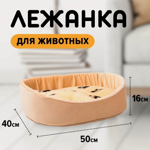 Изображение товара Лежанка с бортиком и пуфиком (со съёмным чехлом) Размер 50х40см. Борт 16см. Бежевая