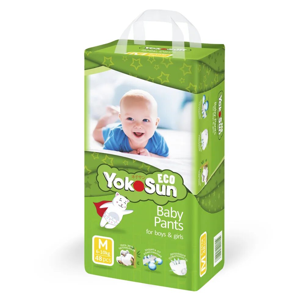 YokoSun Eco трусики-подгузники M (6–10 кг), 48 шт, дышащие, гипоаллергенные, для малышей